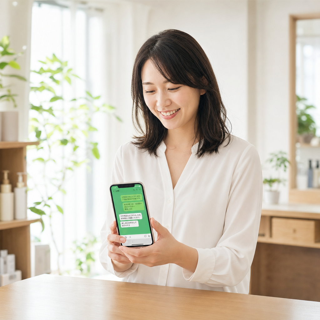 LINEで顧客対応する女性スタッフの笑顔